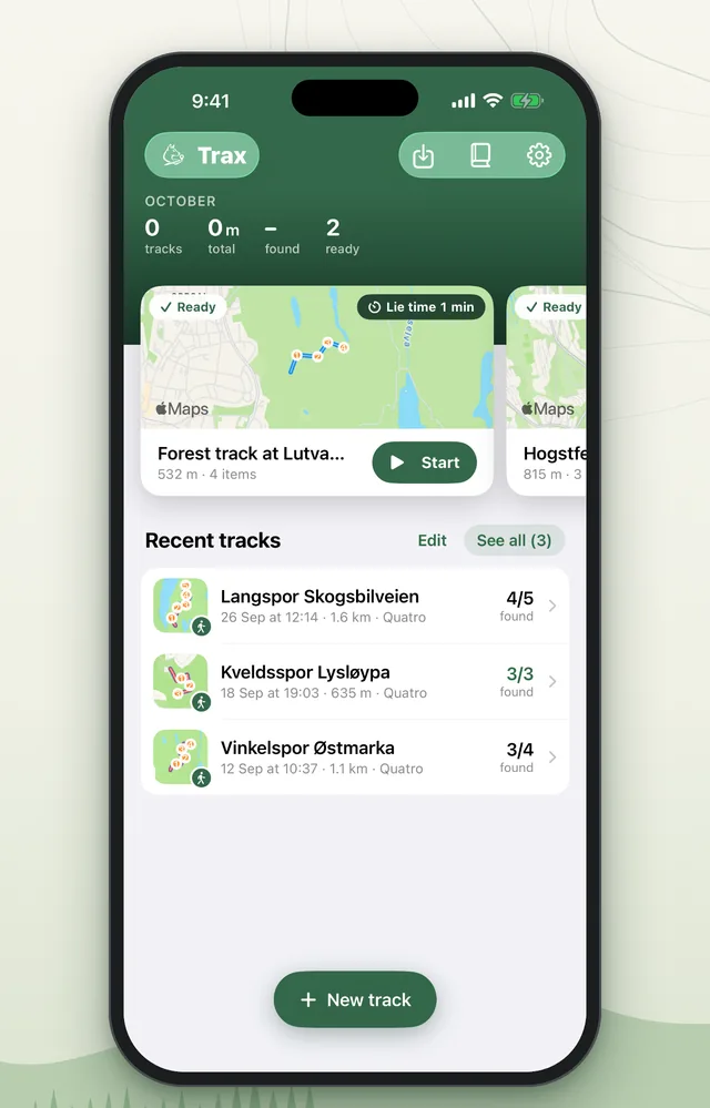 The Trax home screen with this month's numbers, tracks ready to start and recent tracks
