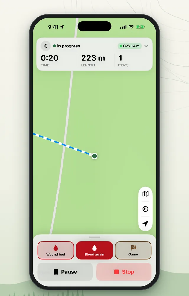 A blood track in progress with buttons for wound bed, blood again and game