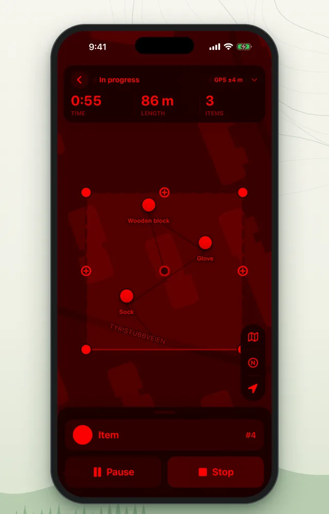 Night mode with a dark red screen and map