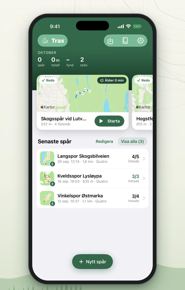 Startsidan i Trax med månadens siffror, spår som är redo att starta och de senaste spåren