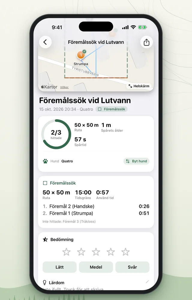 Resultatet av ett föremålssök med ruta, tidsgräns och tiden till varje fynd